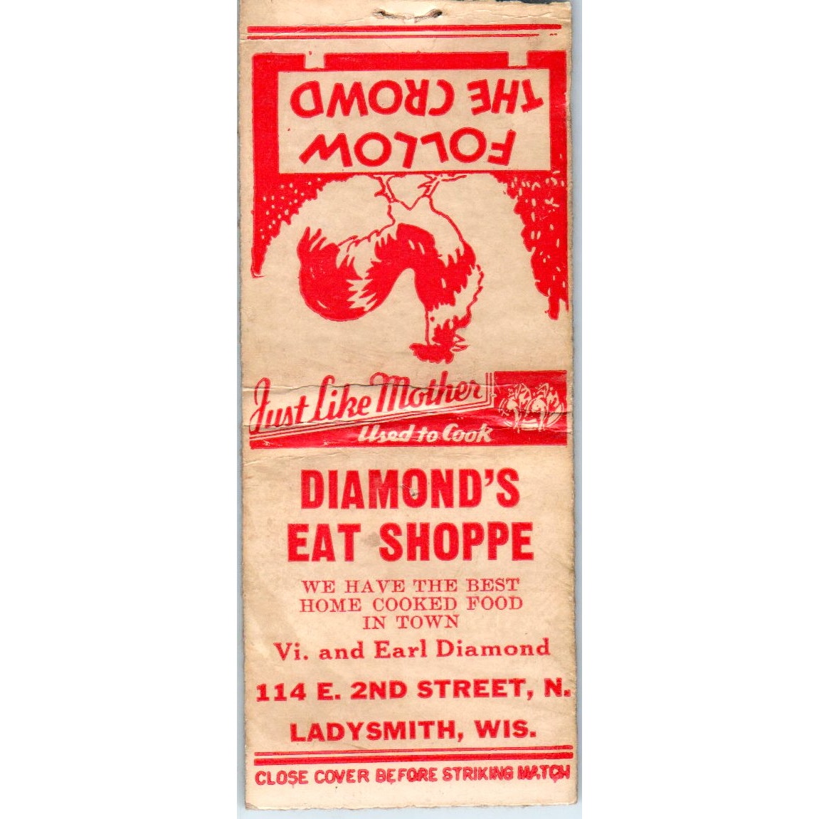 Vi. and Earl Diamond's Eat Shoppe Ladysmith WI Vintage Matchbook Cover SD2-Y6