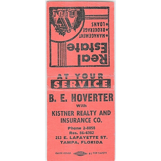 B.E. Hoverter Kistner Realty Tampa FL Vintage Matchbook Cover SF3-Y5