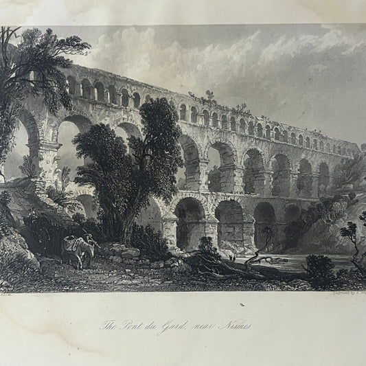 c1870 The Pont du Gard, near Nismes T. Allom Engraving Vintage Art Print 9x12 V6