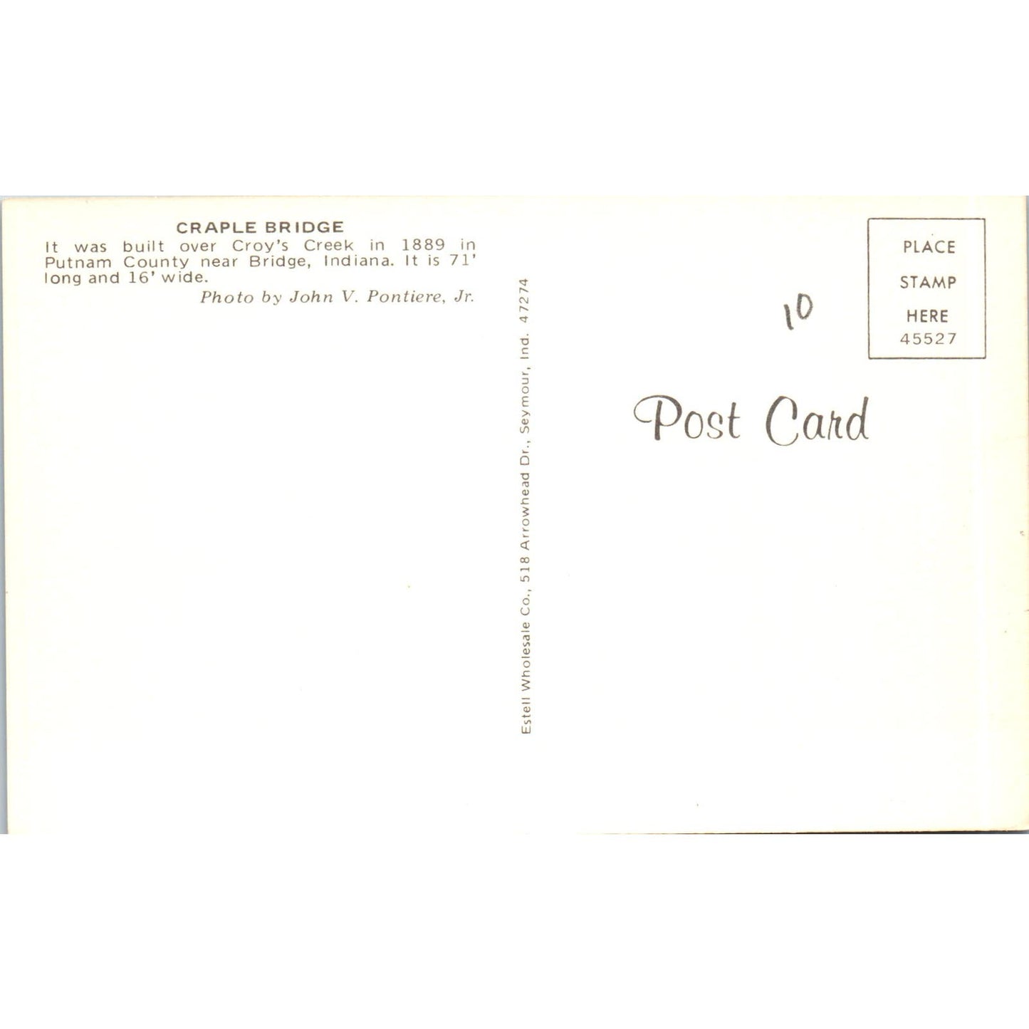 Craple Bridge Croy's Creek Putnam County Bridge IN Covered Bridge Postcard PC13