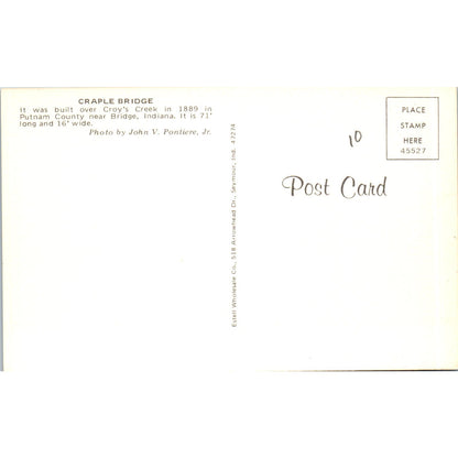 Craple Bridge Croy's Creek Putnam County Bridge IN Covered Bridge Postcard PC13