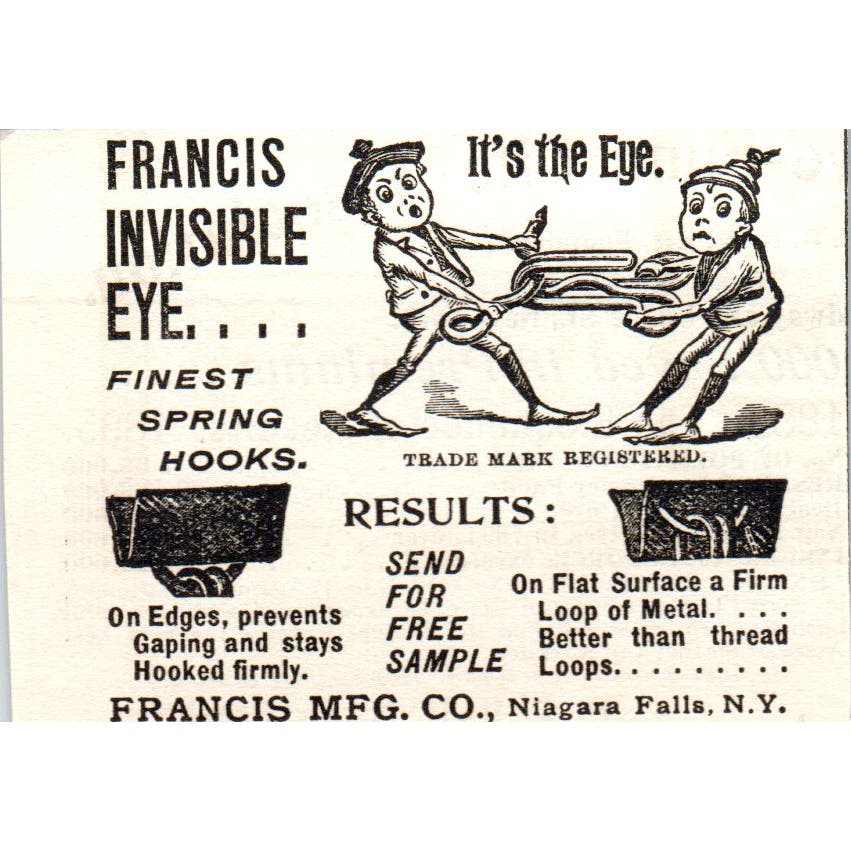 Francis Mfg Co Invisible Eye Spring Hooks c1905 Original Advertisement AE7-A3