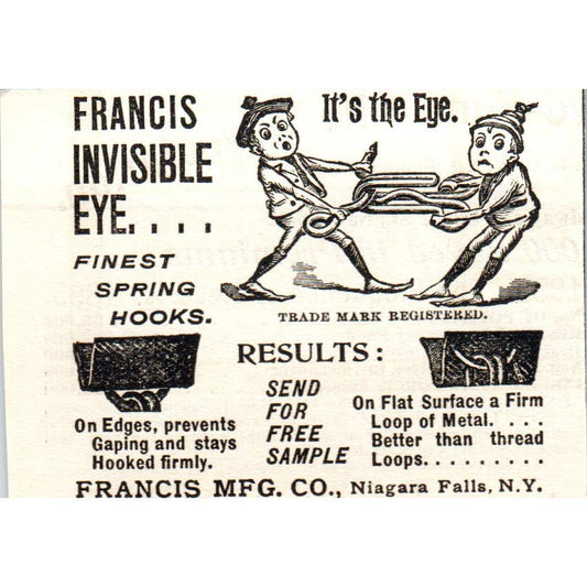Francis Mfg Co Invisible Eye Spring Hooks c1905 Original Advertisement AE7-A3