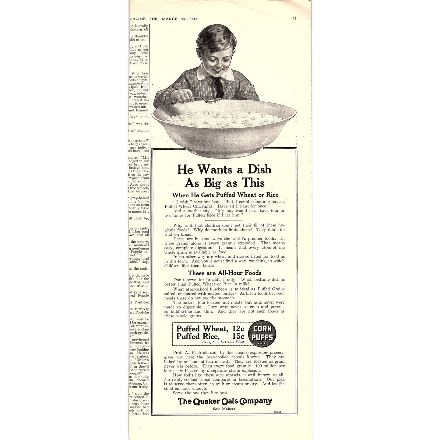 1915 Quaker Oats Puffed Wheat, Rice Original Ad 6x13 V4