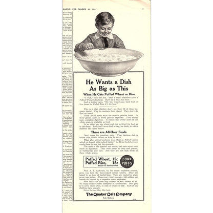 1915 Quaker Oats Puffed Wheat, Rice Original Ad 6x13 V4