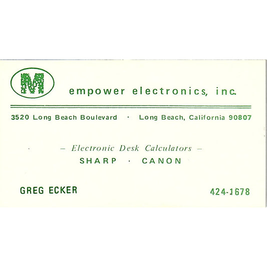 Empower Electronics Greg Ecker Long Beach CA Vintage Business Card SF3-B7