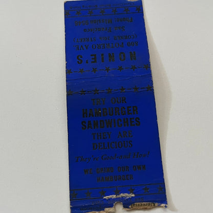 Nonie's Hamburger Sandwiches San Francisco Vintage Matchbook Cover TB6-MB2-1