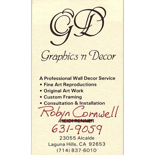 Robin Cornwell Graphics N' Decor Laguna Hills CA Vintage Business Card SD9-B4
