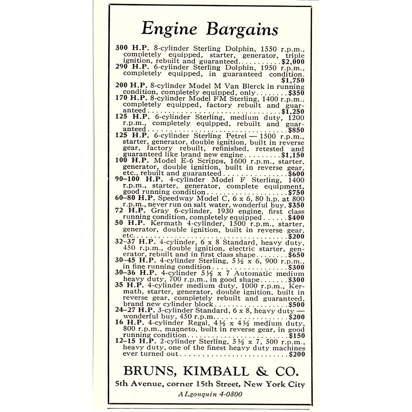 Yacht Boat Engine Bargains Bruns, Kimball & Co NY 1932 Ad AG2-M18