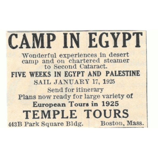 Camp in Egypt Temple Tours Boston MA 1924 Magazine Ad AD8-O4