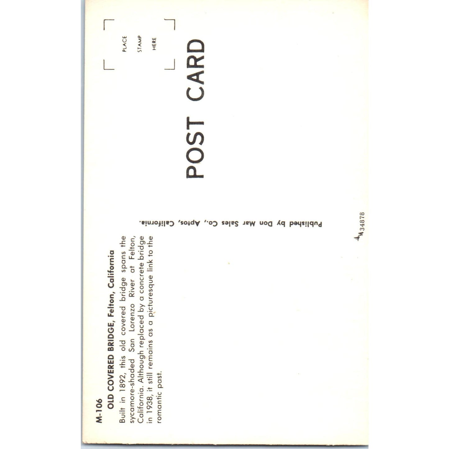 Old Covered Bridge Felton CA San Lorenzo River Vintage Bridge Postcard PD3