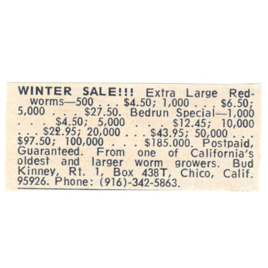 Bud Kinney Worm Grower Chico California 1977 Ad AF6-S8
