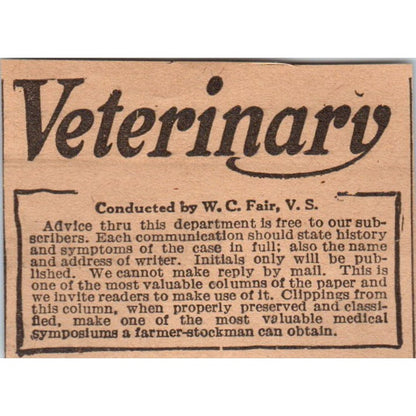W.C. Fair V.S. Veterinary Help 1922 Magazine Ad AF2-S8