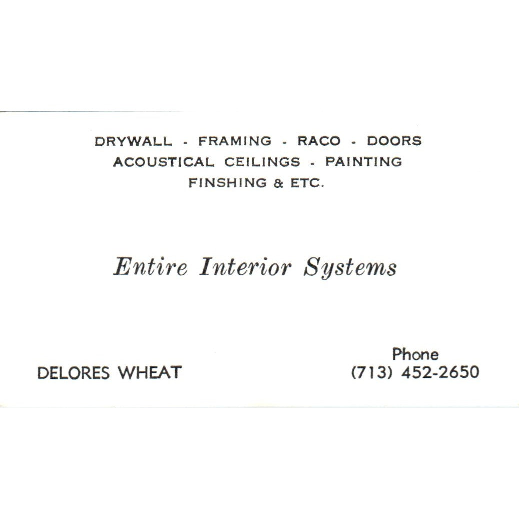Delores Wheat Entire Interior Systems Houston TX Vintage Business Card SD8-B4
