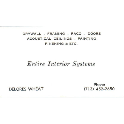 Delores Wheat Entire Interior Systems Houston TX Vintage Business Card SD8-B4