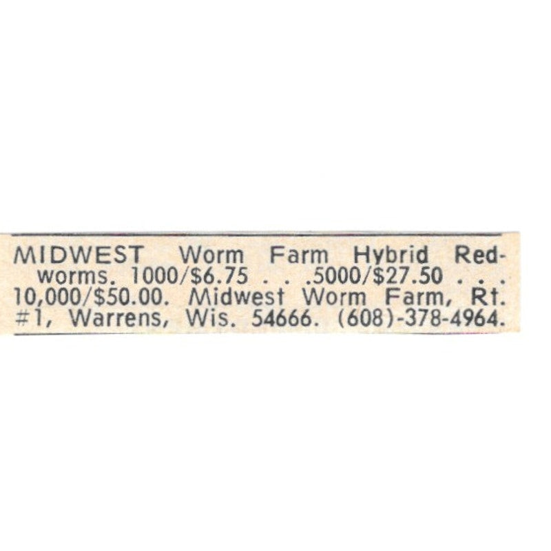 Midwest Worm Farm Hybrid Red Worms Warrens WI 1977 Ad AF6-S6