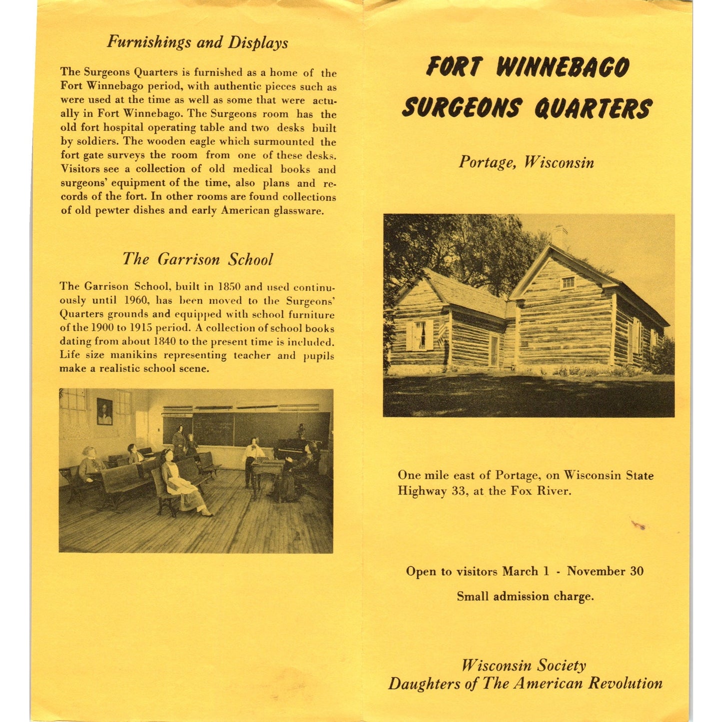 Vintage Fort Winnebago Surgeons Quarters Portage WI Travel Brochure H5-5