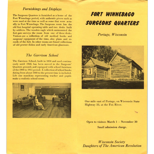 Vintage Fort Winnebago Surgeons Quarters Portage WI Travel Brochure H5-5