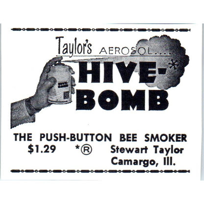 Stewart Taylor's Hive Bomb Bee Smoker Camargo IL 1964 Magazine Ad AB6-S14