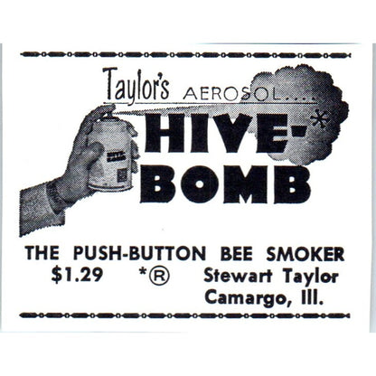 Stewart Taylor's Hive Bomb Bee Smoker Camargo IL 1964 Magazine Ad AK5-S36