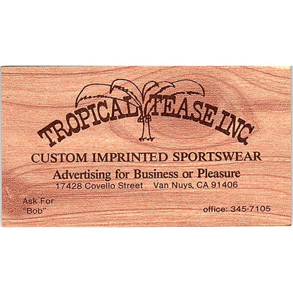 Tropical Tease Inc Printed Sportswear Bob Van Nuys Vintage Business Card SE3-B16