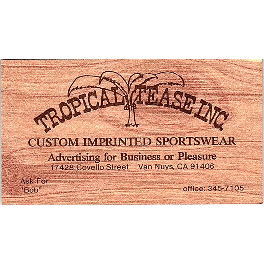 Tropical Tease Inc Printed Sportswear Bob Van Nuys Vintage Business Card SE3-B16