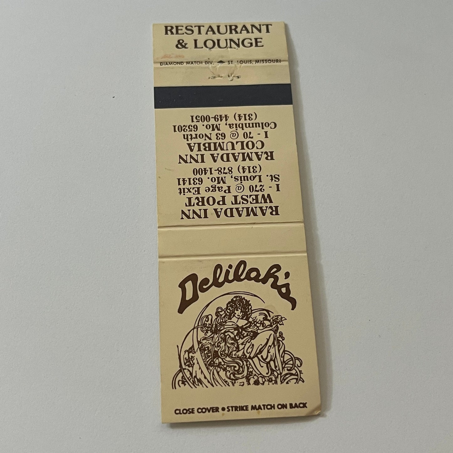 Delilah's Ramada Inn West Port Columbia MO Vintage Matchbook Cover TB6-MB2-5