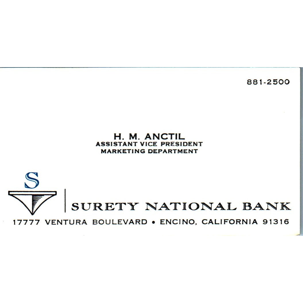 H.M. Anctil Surety National Bank Encino CA Vintage Business Card SE3-B9