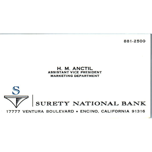 H.M. Anctil Surety National Bank Encino CA Vintage Business Card SE3-B9