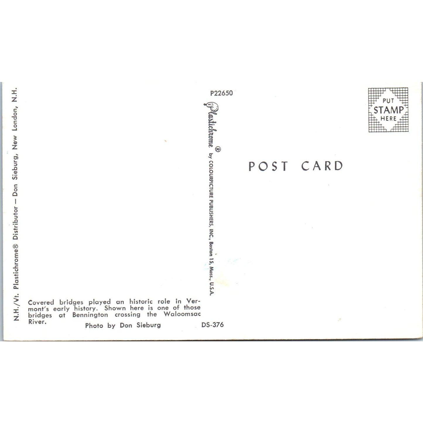 Walloomsac River Bennington Vermont Covered Bridge Postcard PB13