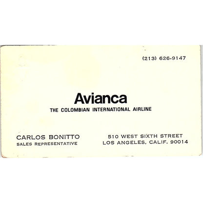 Avianca Colombian Airline Carlos Bonitto Los Angeles Business Card SE3-B16