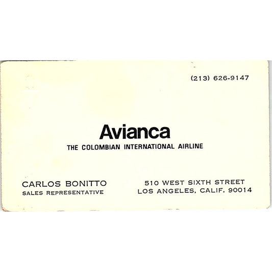 Avianca Colombian Airline Carlos Bonitto Los Angeles Business Card SE3-B16