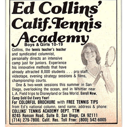 Ed Collins' California Tennis Academy San Diego CA 1977 Ad AF3-Q3
