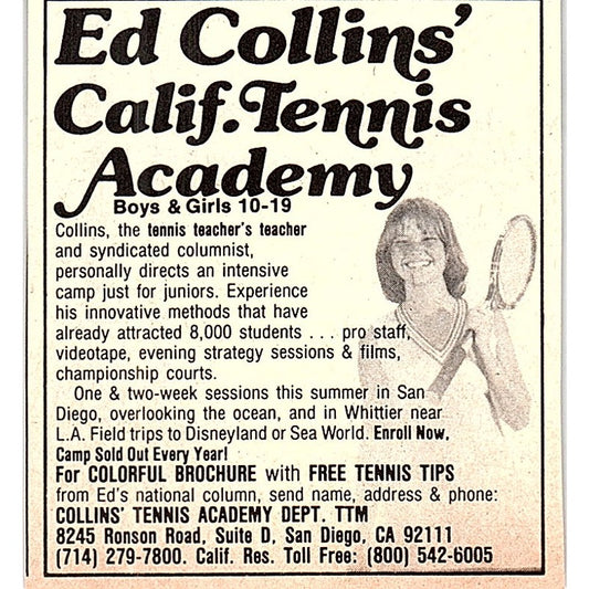 Ed Collins' California Tennis Academy San Diego CA 1977 Ad AF3-Q3