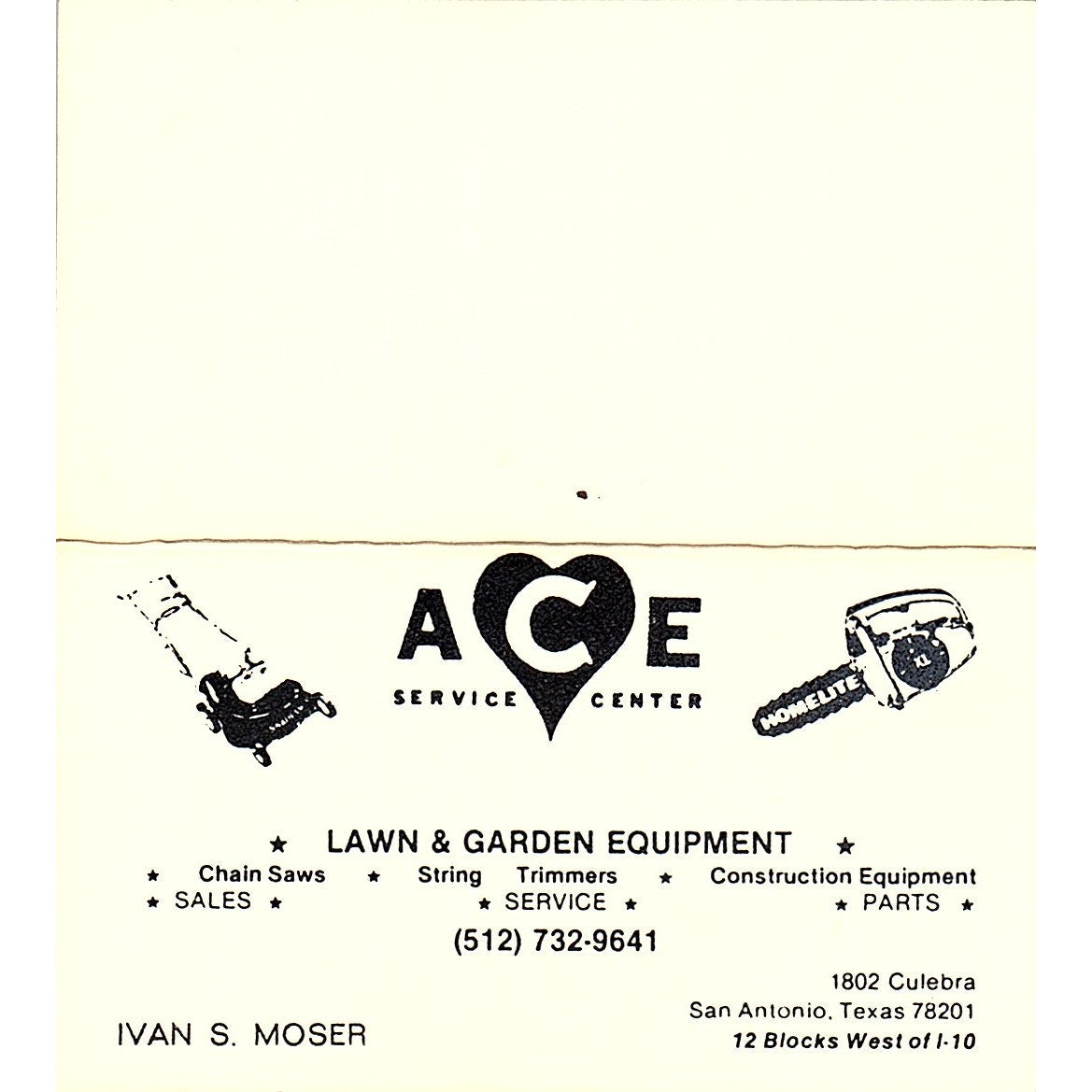Ace Service Center Ivan S. Moser San Antonio TX Vintage Business Card SSB4-B13