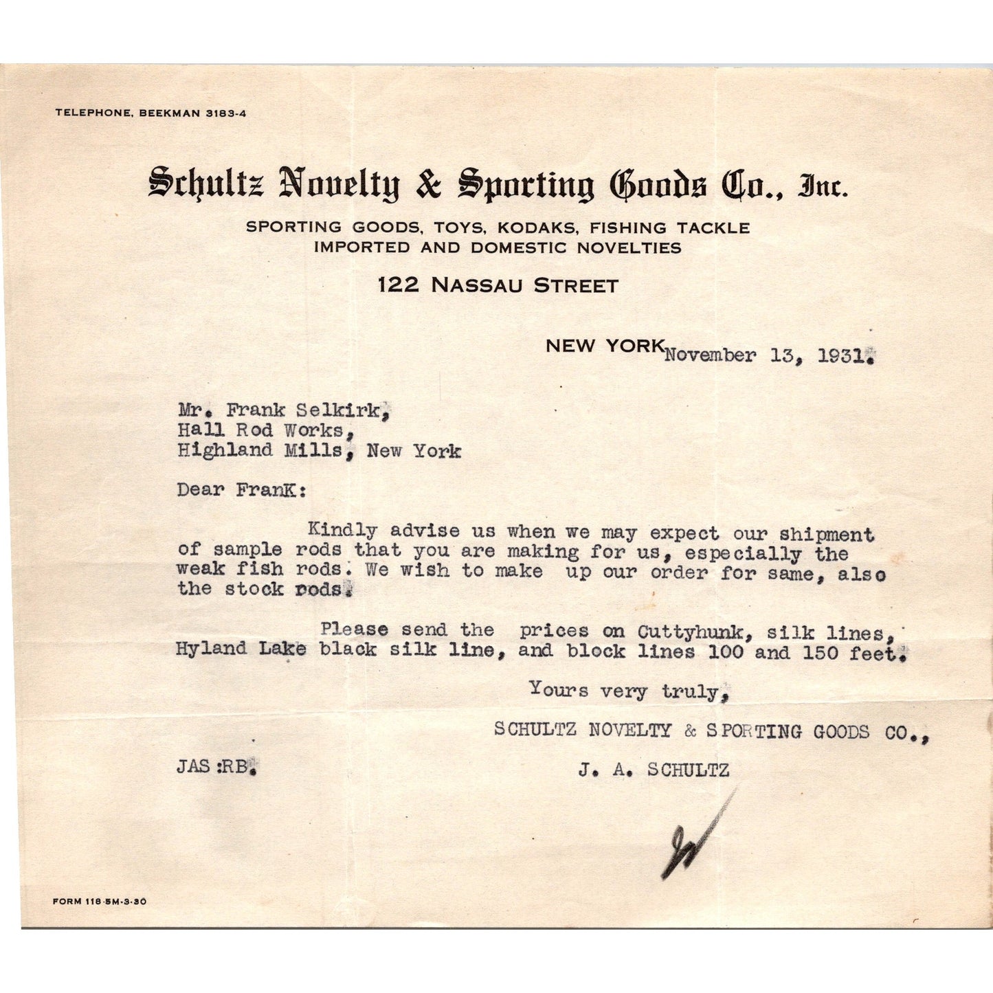 1931 Schultz Novelty & Sporting Goods Co Correspondence w/ Hall Rod Works C30