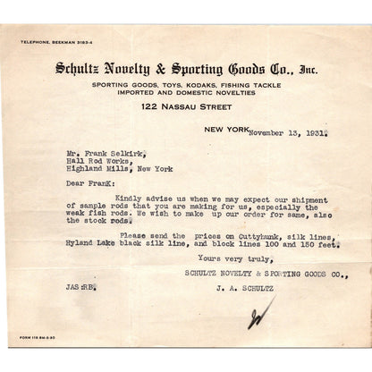 1931 Schultz Novelty & Sporting Goods Co Correspondence w/ Hall Rod Works C30
