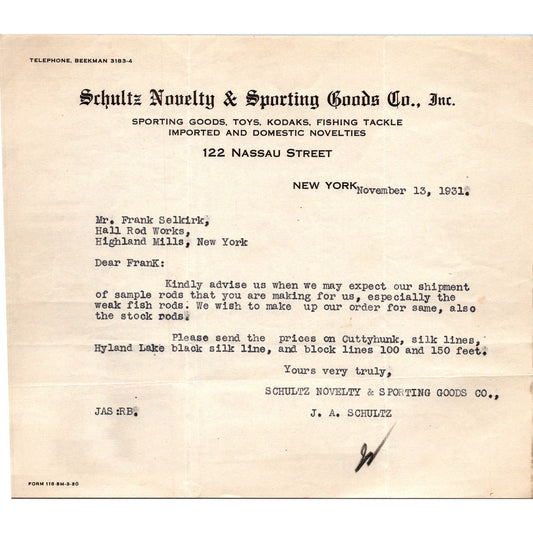 1931 Schultz Novelty & Sporting Goods Co Correspondence w/ Hall Rod Works C30