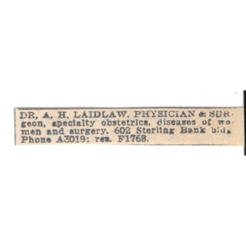 A.H. Laidlaw Physician & Surgeon 602 Sterling Bank Bldg Winnipeg 1920 Ad AG2-S6