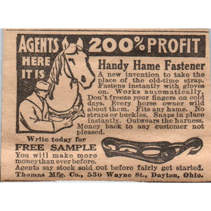 Handy Hame Fastener Horse Tack Thomas Mfg Co Dayton OH 1910 Magazine Ad AF1-CM1