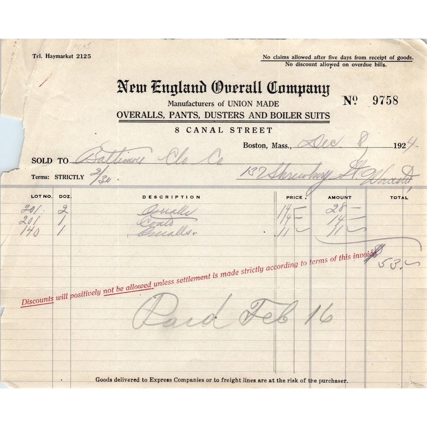 New England Overall Company Boston 1924 Original Billhead Letterhead D8-LL