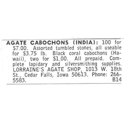Lorraine's Agate Shop Cabochons Cedar Falls Iowa 1972 Ad AF8-S10