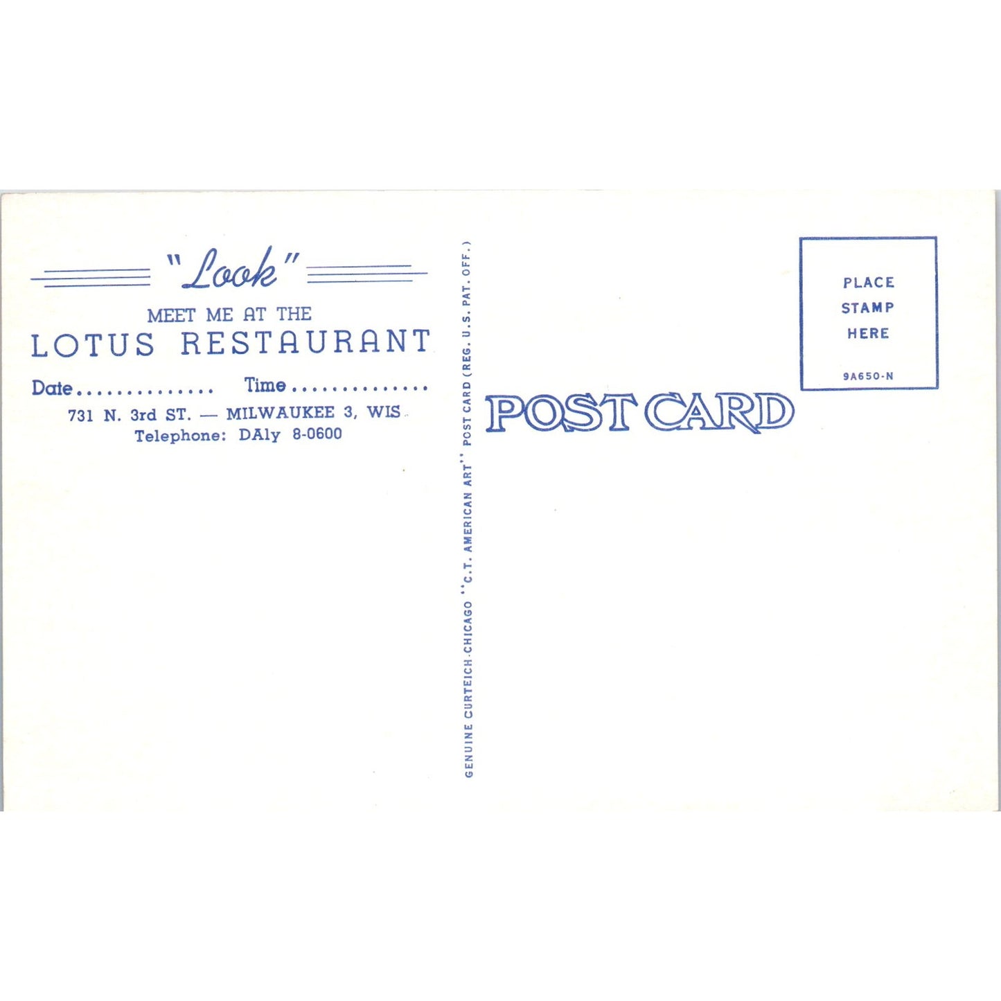 Lotus Chinese Restaurant Milwaukee WI Moy Yuen Vintage Postcard PD10