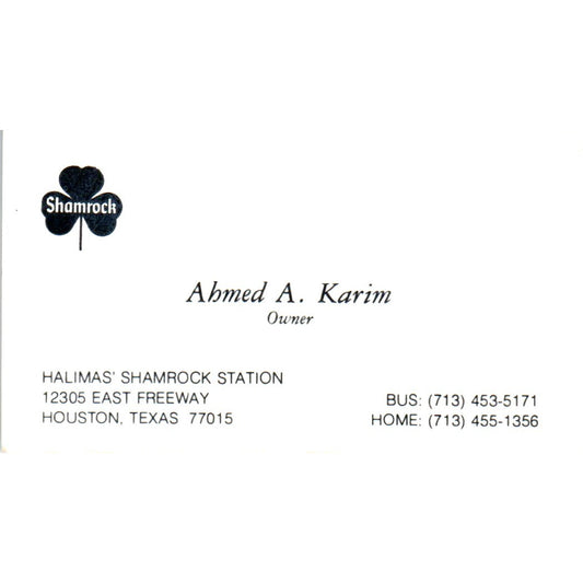 Ahmed A. Karim Shamrock Station Houston TX Vintage Business Card SD8-B21