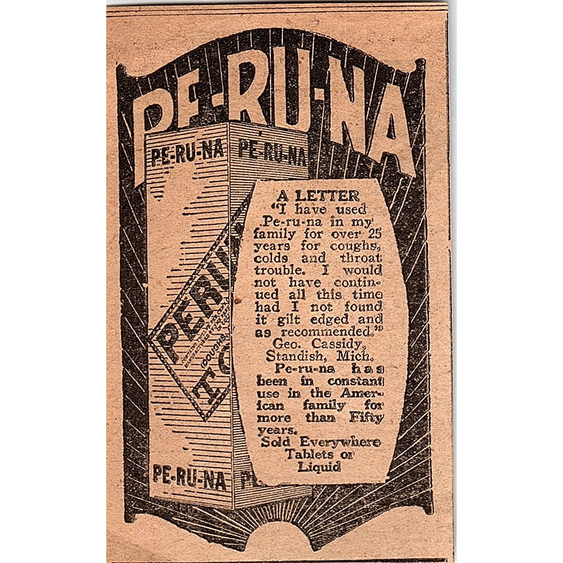 Pe-Ru-Na Cough Remedy Geo. Cassidy Standish MI 1926 Ad AG3-M2