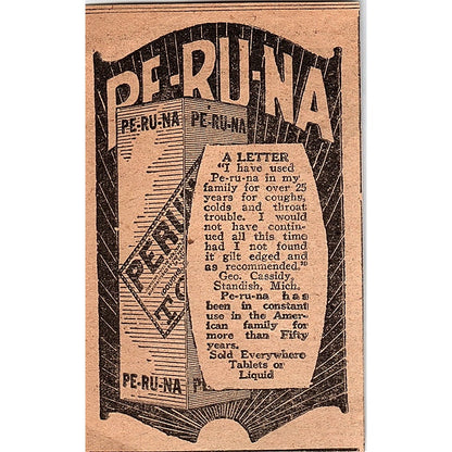 Pe-Ru-Na Cough Remedy Geo. Cassidy Standish MI 1926 Ad AG3-M2