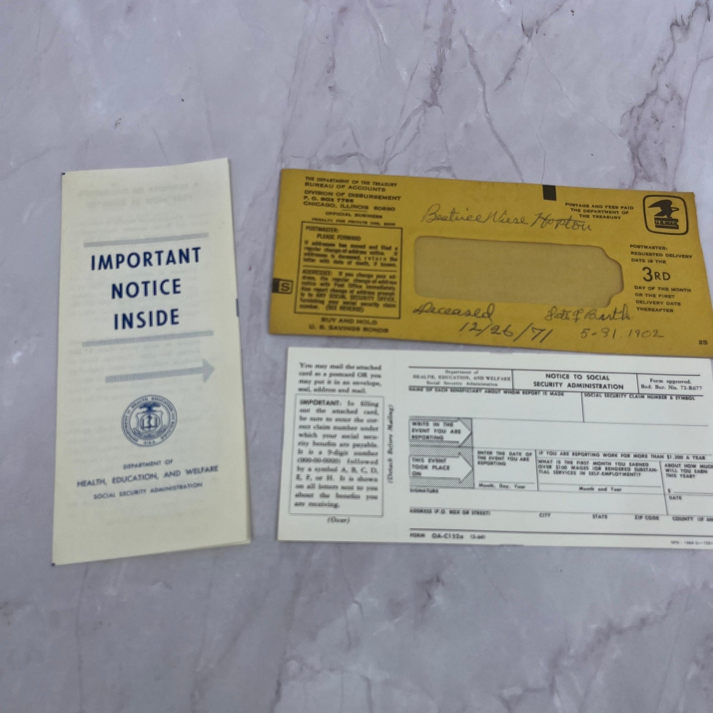 1971 Beatrice Wiese Hopton Social Security Admin Death Event Notice TH2-MI1