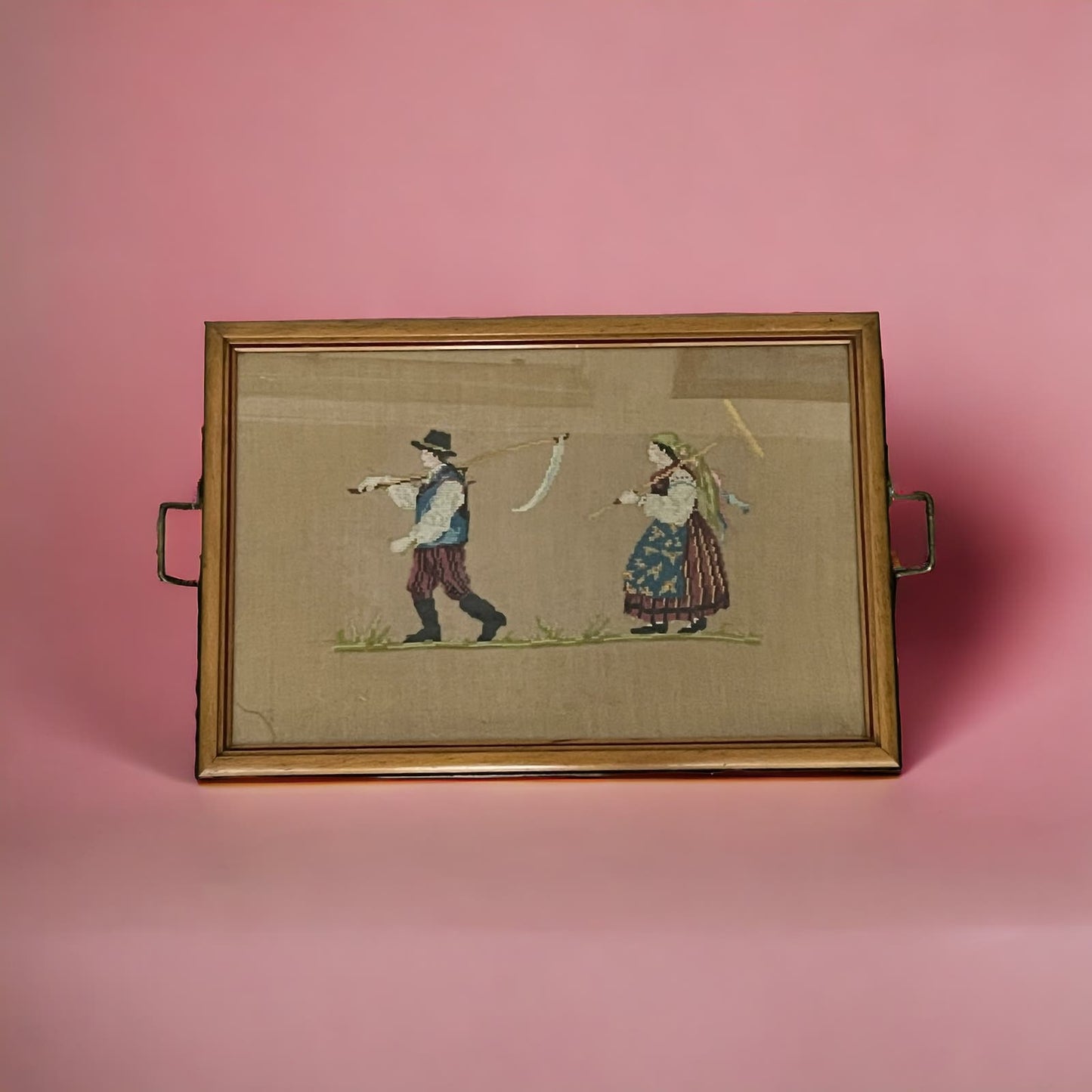 Vintage Framed Needlepoint Embroidery Wall Art Husband & Wife Farmers 13x20”
