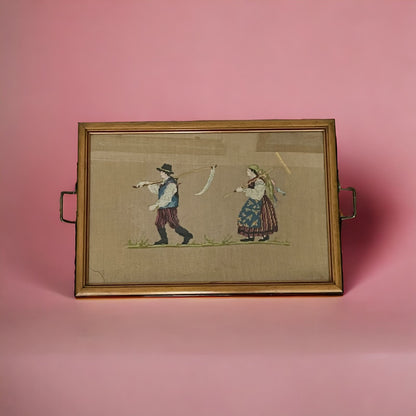 Vintage Framed Needlepoint Embroidery Wall Art Husband & Wife Farmers 13x20”