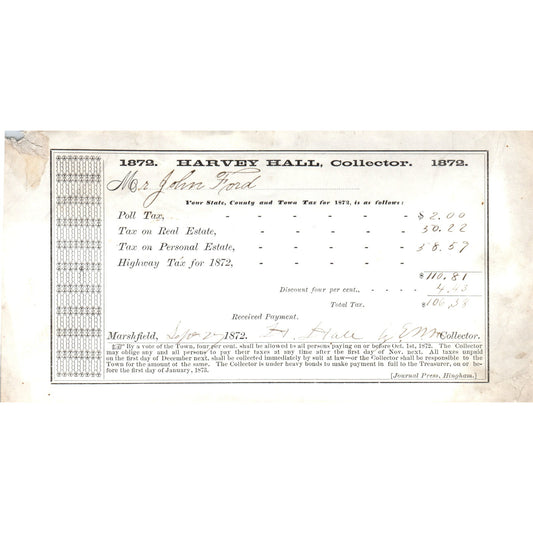 1872 Harvey Hall Tax Collection Receipt Marshfield MA John Ford AF2-A3